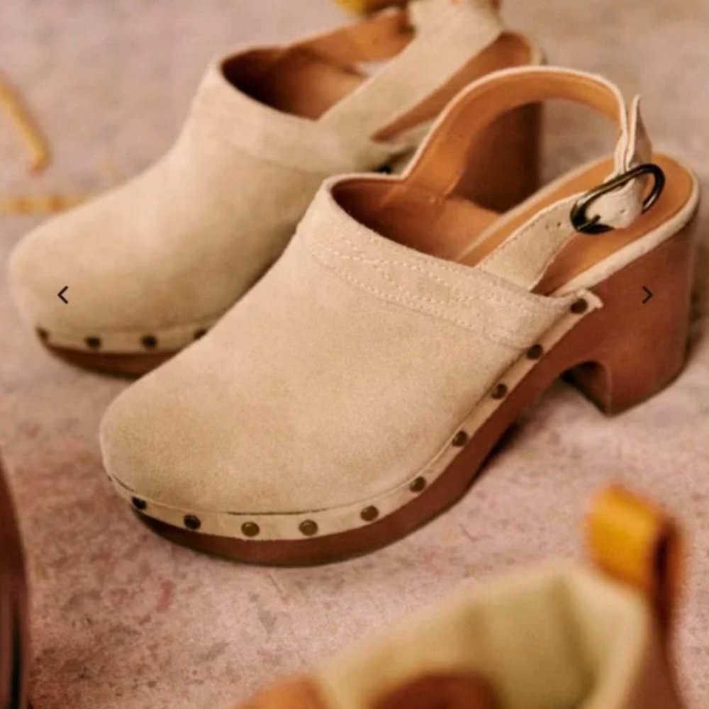 Sezane Tan Suede Clog Mules with Wood Heel - Picture 3 of 7